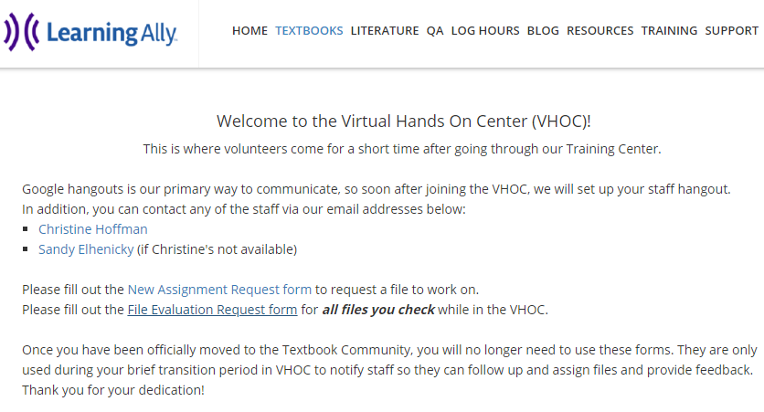 Screen image of Volunteer Hands-On Center welcome page
